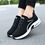 Women'S Fashion Athletic Sneakers - Breathable Air Cushion Running Shoes, Black Low-Top Lace-Up Casual Sneakers with White Stripe, All-Season Comfort for Walking, Travel, and Sports, Walking Shoes | Fashion Sneakers | Synthetic Cover Shoes