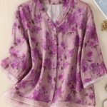 Women'S Casual Floral Print Blouse - Light Pink with Purple Floral Design, Long Sleeves, Button-Up, High Neck, Perfect for Spring/Summer, Casual Attire|Floral Print Top|Long Sleeve Shirt - Image 13