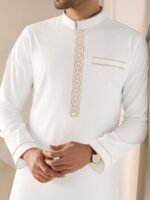 Men'S Elegant White Abaya with Golden Stripe Embroidery - Long Sleeve, Stand Collar, Loose Fit, All-Season Traditional Middle Eastern Attire for Ramadan & Al-Adha, Musli - Image 2