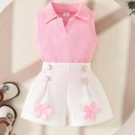 Need to Wear Lining] 2pcs of Summer Toddler Girl Lapel Sleeveless Solid Color Top + Sunday Flower White Shorts Fashion Outerwear Set Summer Fashion Girl Outdoor Clothes, for Outdoor
