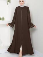 Muslim Fashion Women's Rhinestone Long Sleeve Loose Fit Elegant Brown Dress - Image 3