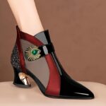 Elegant Women's Pointed-Toe High Heels - Chunky Mesh Cutout Ankle Boots with Rhinestone Detail, Back Zipper Closure for Casual Wear, Flat Shoes, Color Block