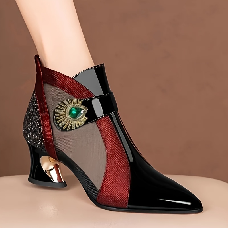 7d42a002c8f3a45eaf0c38d8a0f5c46a.jpg Elegant Women's Pointed-Toe High Heels - Chunky Mesh Cutout Ankle Boots with Rhinestone Detail, Back Zipper Closure for Casual Wear, Flat Shoes, Color Block - Image 1