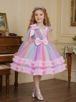 ⁦Elegant Girls' Colorful Gradient Tulle Dress with Ruffled Detail - Sleeveless, A-Line Princess Gown for Dance, Birthday, and Formal Events, Youngsters' Dress|Vibrant Aesthetic|Layered Tulle Fabric, Cute Dresses⁩ - الصورة ⁦2⁩