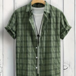 Men'S Summer Casual Plaid Shirt, 60% Polyester 34% Cotton 6% Rayon, Short Sleeve, Lapel Collar, Non-Stretch Woven Fabric, Regular Fit, Outdoor Hiking & Weekend Wear - 105gsm