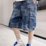 Boys Casual Comfortable Denim Shorts With Pockets, Stylish Patchwork Slightly Stretch Shorts For Summer Outdoor