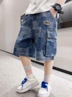 Boys Casual Comfortable Denim Shorts With Pockets, Stylish Patchwork Slightly Stretch Shorts For Summer Outdoor