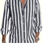 Men's Stylish Striped Long Sleeve Button-Up Shirt - Casual Lapel Collar, White & Brown Vertical Stripes, Lightweight Fabric, Perfect for Beach Vacations, Dates, and Gifts, Beach Wear, Versatile Fashion | Classic Striped Shirt | Collared Long Sleeve - Image 14