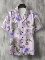 Men's Tropical Floral Print Hawaiian Shirt - Short Sleeve Button-Up with Vibrant Pink Hibiscus & Monstera Leaf Design, Casual Summer Beachwear, Polyester Blend, Machine Washable, Casual Wear | Buttondown Shirt | Smooth Texture, PLUS SIZE - Image 8