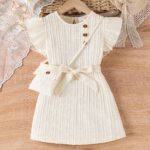 3pcs Set for Little Girls: Outdoor Sports Flying Sleeve Dress + Bag
