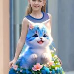 Girls' Sleeveless Summer Dress with Adorable Blue Kitten & Floral Print - A-Line Casual Playwear for Youngsters, Hand Wash Only, Dress Up Play for Girls, Youngsters's Outdoor Wear, Comfortable Youngsters's Clothing - Image 6