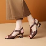 Women's Fashion Mid-Heel Sandals with Adjustable Buckle Strap - Open-Toe Synthetic Cover Upper & TPU Sole for Casual to Semi-Formal Occasions, Chunky Heel Sandals, Semiformal Footwear, Sleek Shoe Design, Durable Footwear