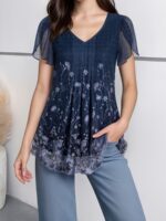 ⁦Women'S Tops Short Sleeve Shirts Casual V Neck Blouse Double Layers Mesh Tunics Tops⁩ - الصورة ⁦10⁩