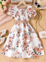 Charming Girls' Floral Summer Dress with Puff Sleeves and Belt - Lightweight Polyester, Machine Washable - Perfect for Beach Vacations - Image 6