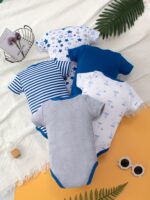 ⁦5pcs Baby's Marine Style Cotton Bodysuit, Casual Short Sleeve Romper, Toddler & Infant Boy's Outdoor Clothing⁩ - الصورة ⁦8⁩
