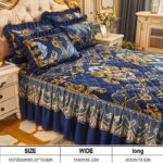 3pcs Royal Blue European Pattern Light Beige-Friendly Crystal Velvet Quilted + Extra Height Lace Layer Bed Skirt Set with 1 Bed Skirt and 2 Pillowcases, Multi-Layer Trim, Fashionable and Stylish, Moisture-Wicking, Breathable, Wrinkle-Resistant, Silent, Ea