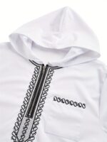 Men's White Hooded Kaftan with Black Embroidery & Faux Pockets - Long Sleeve Traditional Arabian Robe for Ramadan & Eid al-Adha Festivals, Casual Polyester Blend, Loose Fit, All-Season Wear, Casual Wear | Decorative Robe | Elastane Fabric - Image 7