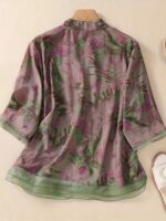 Women'S Casual Floral Print Blouse - Light Pink with Purple Floral Design, Long Sleeves, Button-Up, High Neck, Perfect for Spring/Summer, Casual Attire|Floral Print Top|Long Sleeve Shirt - Image 8
