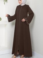 Muslim Fashion Women's Rhinestone Long Sleeve Loose Fit Elegant Brown Dress