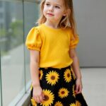 Girls' Sunflower Print Short Sleeve Top + Skirt Set, Summer Two-Piece Outfit for Everyday Wear/Vacation/Party, Suitable for Children Aged 3-10