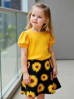 Girls' Sunflower Print Short Sleeve Top + Skirt Set, Summer Two-Piece Outfit for Everyday Wear/Vacation/Party, Suitable for Children Aged 3-10