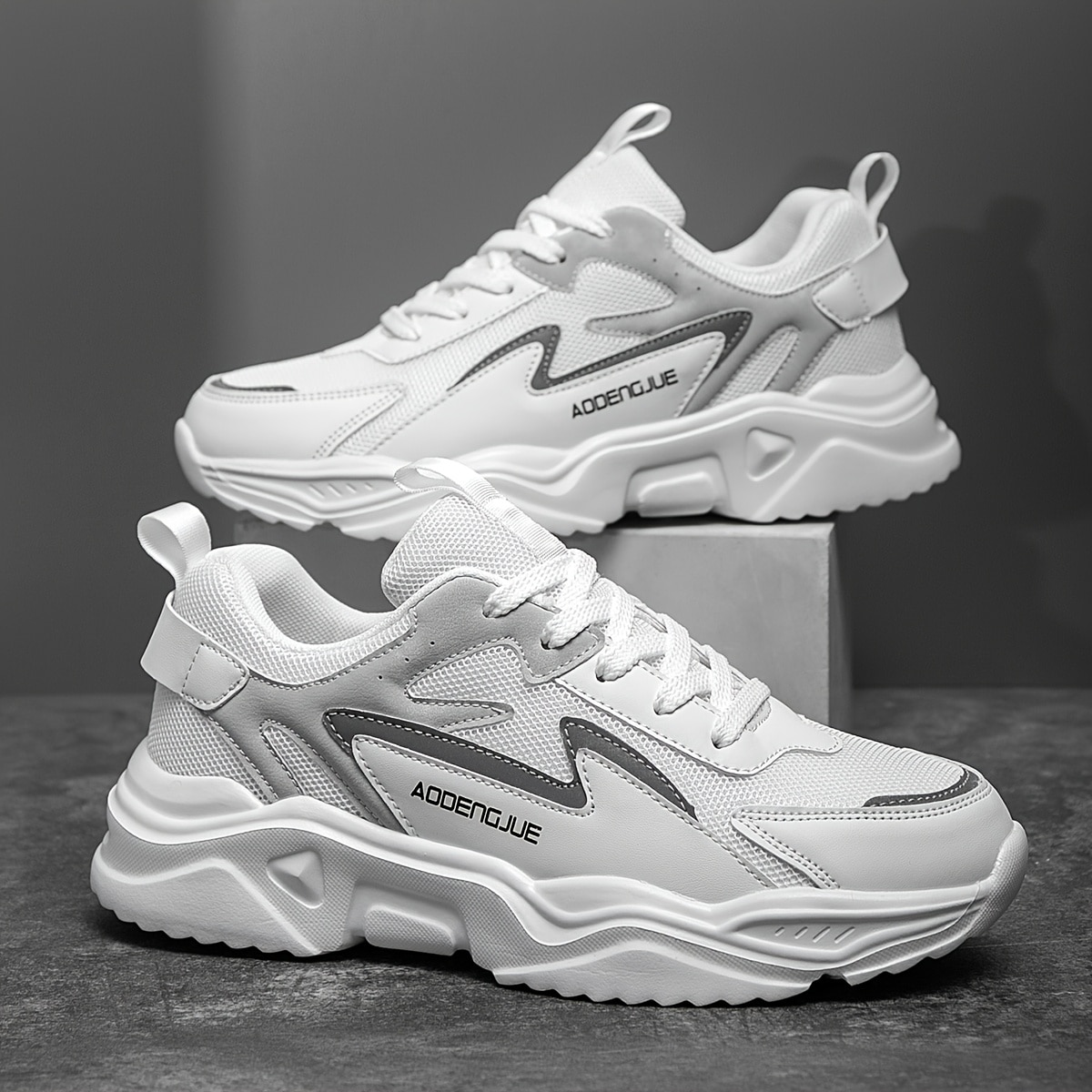 83b436e8-c5f0-43ed-aa54-99530f824151.jpg Men'S Fashion Sneakers - Casual & Sporty, Thick Sole with Front Laces, Lightweight, Versatile for Running, Hiking & Daily Wear, White Mesh Design, EVA Material, Lace-Up Closure, All-Season Comfort - Image 1