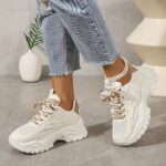 ⁦2025 New Women's Chunky Platform Dad Sneakers - White & Beige Lace-Up Casual Shoes with Thick Rubber Sole, EVA Cushion, Breathable Mesh & Synthetic Cover for All-Season Comfort⁩ - الصورة ⁦2⁩