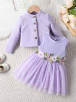 ⁦Girls' Casual Floral Dress with Long Sleeve Jacket Skirt Set⁩ - الصورة ⁦6⁩