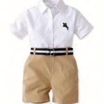 Boy's 2-piece Casual Gentleman Set, Horse Embroidered Short Sleeve Shirt And Belted Shorts, Comfy Party Birthday Clothes For Daily & Outdoor Wear