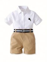 Boy's 2-piece Casual Gentleman Set, Horse Embroidered Short Sleeve Shirt And Belted Shorts, Comfy Party Birthday Clothes For Daily & Outdoor Wear