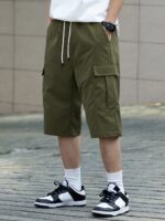 ⁦Men's Casual Cargo Shorts with Pockets - Loose Fit, Mid-Waist, Polyester, Street Style, Brown, Drawstring Waistband, Everyday & Leisure Wear⁩ - الصورة ⁦5⁩
