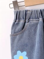 Girls' Floral Print Wide-Leg Jeans - Light Blue Denim with Colorful Flower Design, Elastic Waist, Loose Fit for Spring & Fall Outings, Spring Fashion | Playful Design | Vibrant Flowers, Cute Jean - Image 4