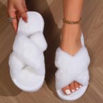 Women's Plush Cross-Strap Slip-On Slippers with Non-Slip EVA Sole - All-Season Indoor/Outdoor House Shoes for Home, Postpartum & Casual Wear (Pink/White/Black/Lavender), Ladies Slippers, Soft Plush Design, Fabric Upper And Insole - Image 4