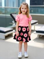 ⁦Girls' Sunflower Print Short Sleeve Top + Skirt Set, Summer Two-Piece Outfit for Everyday Wear/Vacation/Party, Suitable for Children Aged 3-10⁩ - الصورة ⁦10⁩