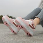 ⁦Fashion Roller Skates - Pink & White Low-Top Sneakers with Retractable Four-Wheel Design, Comfortable EVA Insole, Durable TPR Sole, Stylish Casual Shoes for Teens & Adults, All-Season Wear, Sports Casual Shoes | Midtop Sneakers | Fabric Upper Sneakers⁩ - الصورة ⁦16⁩