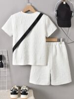 KIKOFENDY Boys' 3pcs Summer Outfit Set - Casual White Short Sleeve T-Shirt with Patched Letter Design, Beige Shorts & Fashionable Crossbody Bag, Perfect for Spring/Summer/Fall, for Outdoor - Image 8