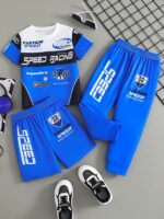3pcs set for boys in motorcycle style racing blue, with letter print short sleeves + casual shorts + fashionable long pants, suitable for spring and summer, outdoor sports, school gatherings, as gifts, Perfect for Outdoor