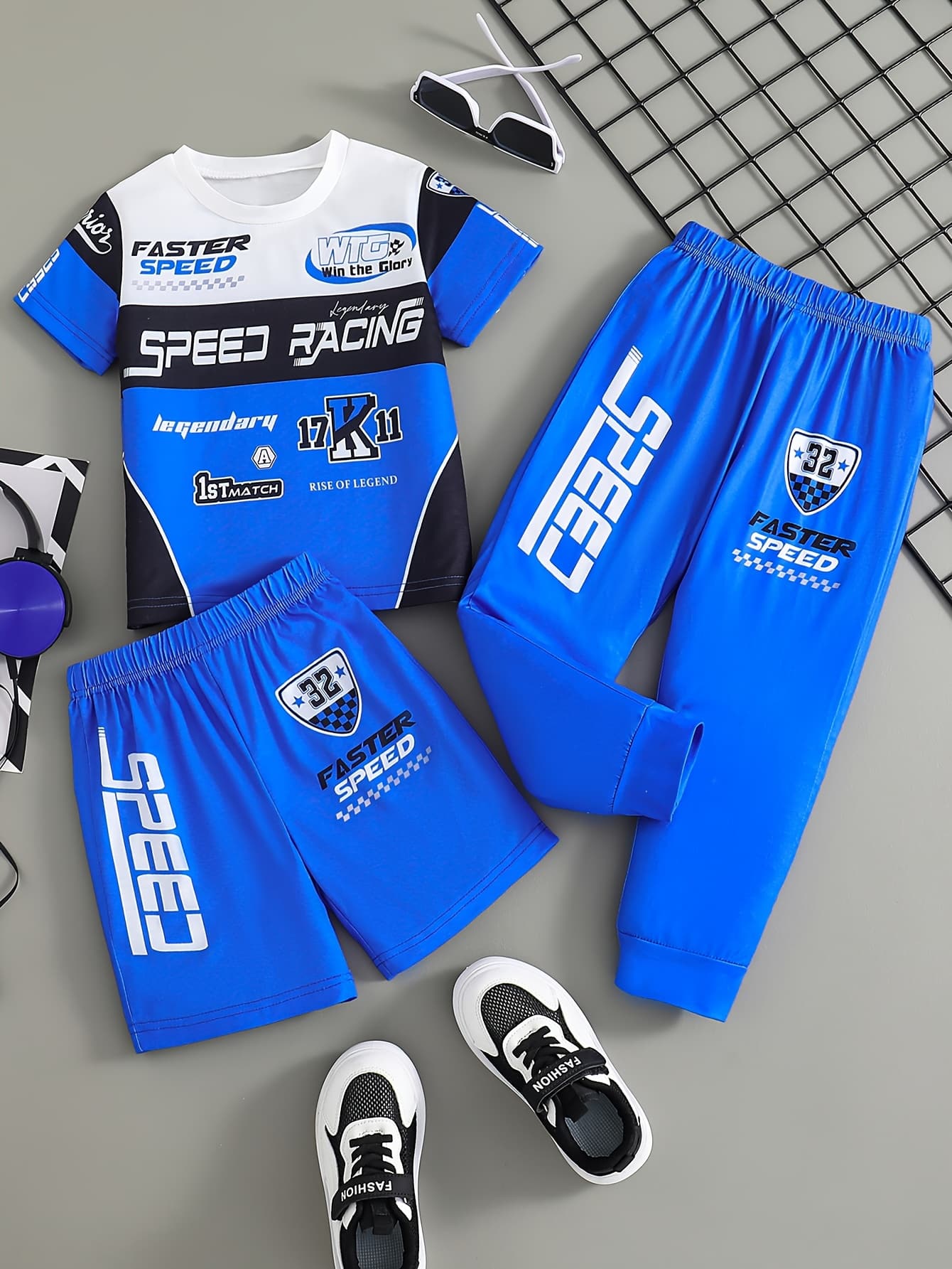 8941bf9c-7f0f-4c80-b69b-7e94ff4b755d.jpg 3pcs set for boys in motorcycle style racing blue, with letter print short sleeves + casual shorts + fashionable long pants, suitable for spring and summer, outdoor sports, school gatherings, as gifts, Perfect for Outdoor - الصورة 1