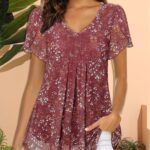 ⁦Women'S Tops Short Sleeve Shirts Casual V Neck Blouse Double Layers Mesh Tunics Tops⁩ - الصورة ⁦11⁩