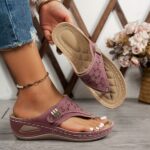 ⁦Women'S Elegant Wedge Sandals - Breathable, Supportive Arch Design, Light Blue Open-Toe Slip-Ons with Cut-Out Detailing, Soft PU Sole for Everyday Comfort, Versatile & Comfortable Footwear | Elegant Slipon Sandals | Cutout Details, Strappy Sandal⁩ - الصورة ⁦7⁩