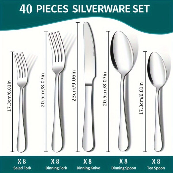 40pcs Stainless Steel Silverware Set, Premium Cutlery with Knives, Forks, Spoons, Dishwasher Safe, Ideal for Home & Restaurant Use