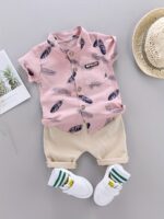 Toddler Summer Feather Print Shirt Shorts Set, for Outdoor - Image 2