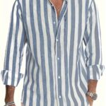 Men's Stylish Striped Long Sleeve Button-Up Shirt - Casual Lapel Collar, White & Brown Vertical Stripes, Lightweight Fabric, Perfect for Beach Vacations, Dates, and Gifts, Beach Wear, Versatile Fashion | Classic Striped Shirt | Collared Long Sleeve - Image 15