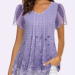 ⁦Women'S Tops Short Sleeve Shirts Casual V Neck Blouse Double Layers Mesh Tunics Tops⁩ - الصورة ⁦13⁩
