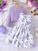 Girls' Flower Print Casual Vest Dress with Chest Measurement by Pulling + Solid Color Long Sleeve Jacket - Image 5