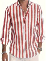 Men's Stylish Striped Long Sleeve Button-Up Shirt - Casual Lapel Collar, White & Brown Vertical Stripes, Lightweight Fabric, Perfect for Beach Vacations, Dates, and Gifts, Beach Wear, Versatile Fashion | Classic Striped Shirt | Collared Long Sleeve - Image 8
