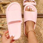 Women's Pink EVA Slide Sandals - Thick Sole, Non-Slip, Open Toe, Ribbed Texture for Beach & Indoor/Outdoor Use, Summer Sandals