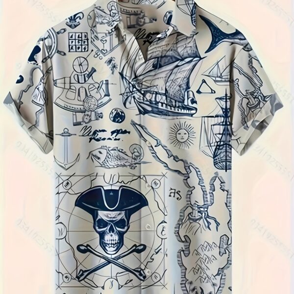 Summer Fashion Casual Short Sleeve Shirt, Suitable for Large Size and Tall Men, Printed with Skull and Fish Patterns