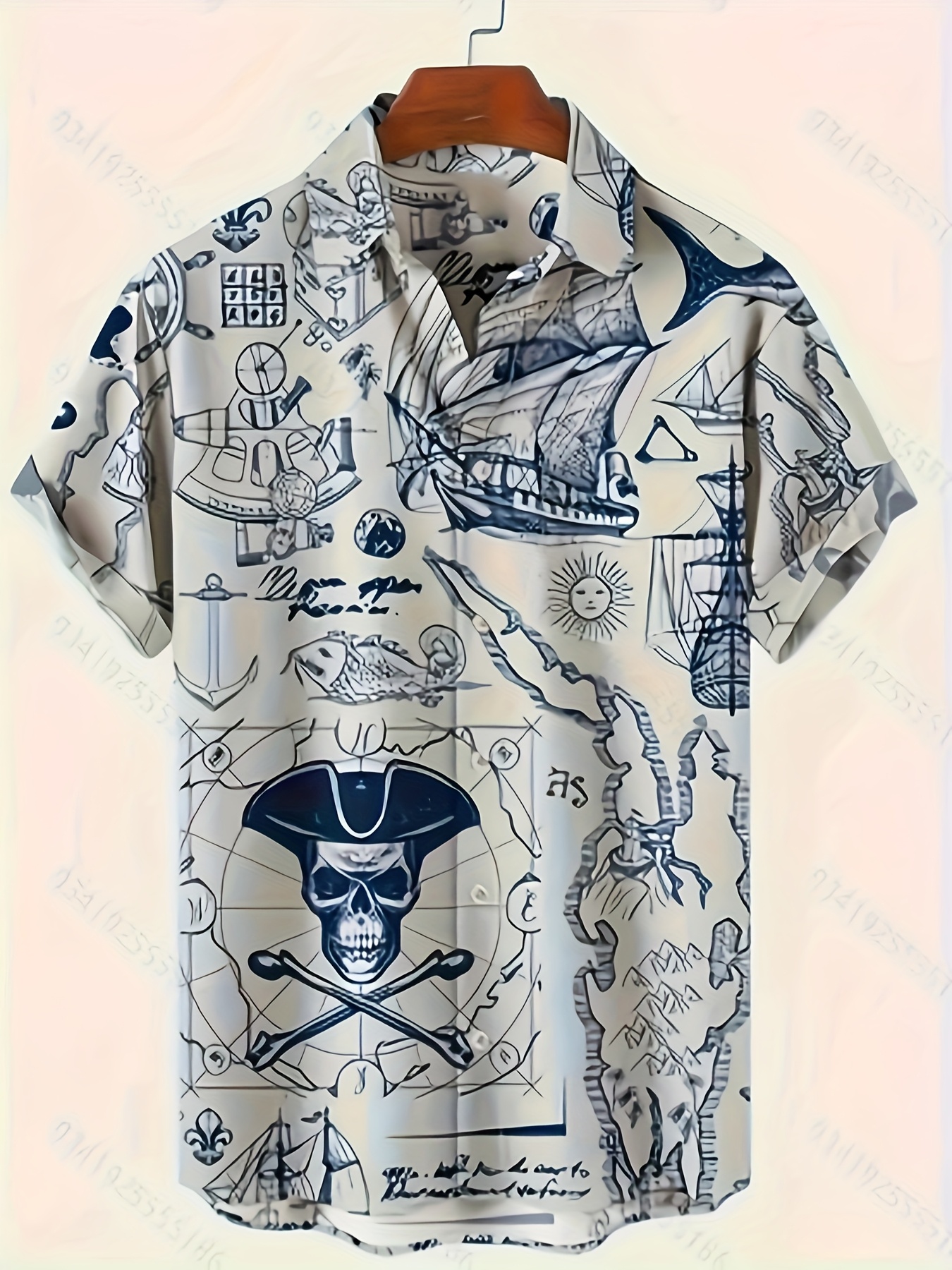 9044ec11-2bfd-42e9-95bc-3ca6a58172a5.jpg Summer Fashion Casual Short Sleeve Shirt, Suitable for Large Size and Tall Men, Printed with Skull and Fish Patterns - Image 1