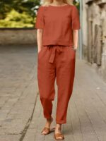 ⁦Casual two-piece set of plain long-sleeved pants with pockets, ideal choice for women in spring and autumn⁩ - الصورة ⁦2⁩